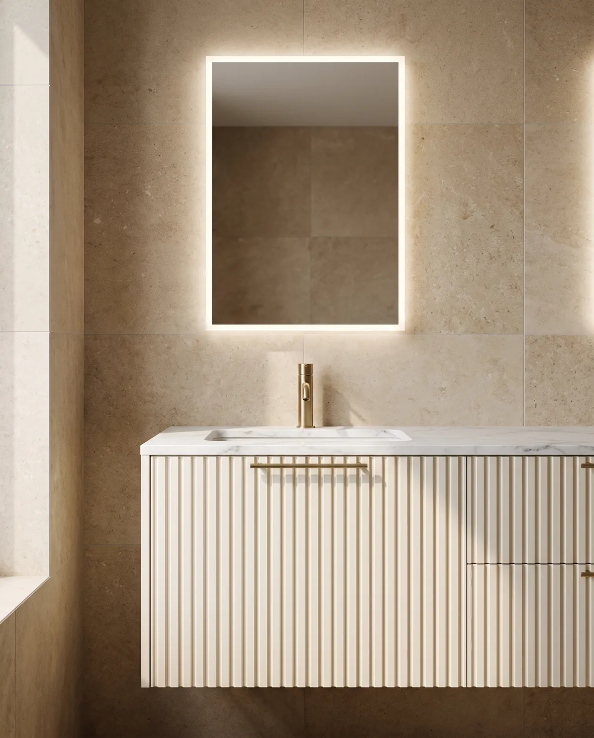 Banyo dolabı ve aynalı lavabo dolabı — Renova Decor tasarım ve malzeme dili, konsept görsel